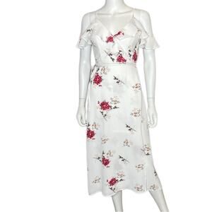 Blue Blush Women’s White Floral Ruffle Wrap Midi Dress Sz S